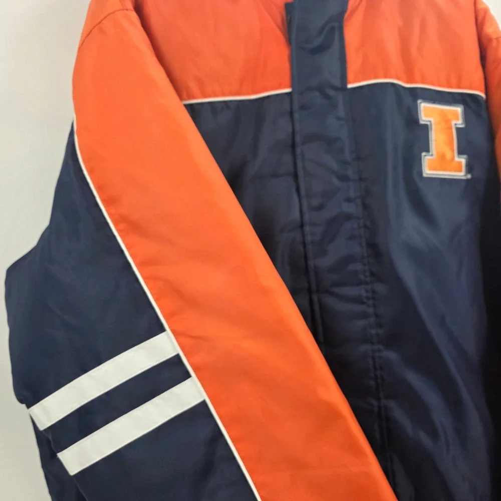 VINTAGE 90S ILLINOIS FIGHTING ILLINI PUFFER JACKET MENS LARGE BLUE ORANGE NEW!!